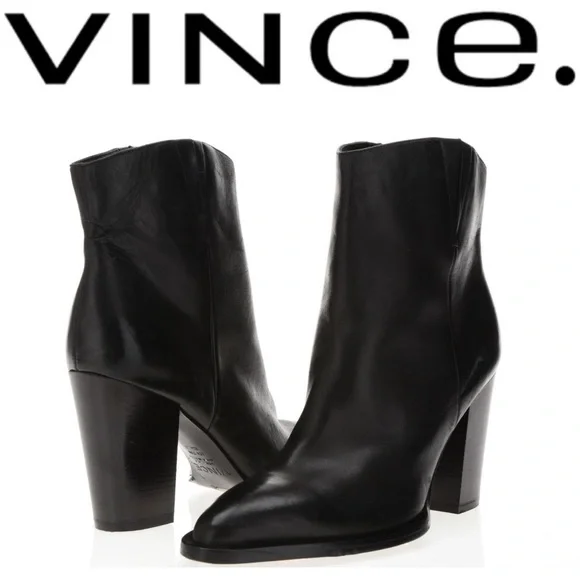 VINCE Erving Western Ankle Bootie Black Leather Stacked Heel Pointed Toe Boots 6 - Picture 2 of 16